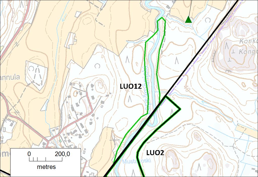Kuva 19. Lepsämänjoen rantalehdon rajaus (LUO12) on merkitty vihreällä ja osayleiskaava-alueen raja mustalla.