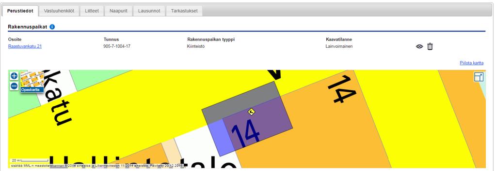 Perustiedot-välilehti 3(7) Kirjoita Rakennuspaikat-kohtaan rakennuspaikan osoite tai osoita rakennuspaikka kartalta. Muita karttanäkymiä (mm.
