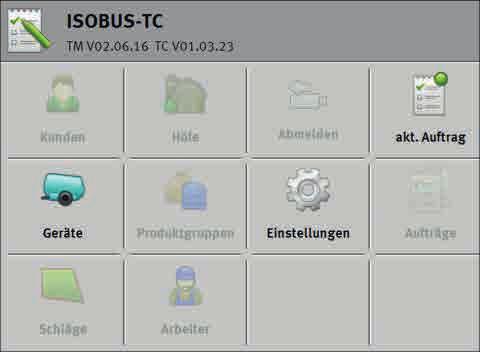 tilaus -ikkuna (käsiteltävä tilaus) [ 10] 1.6.1 Aloitusikkuna Aloitusikkuna tulee näkyviin, kun ISOBUS-TC-sovellus avataan. Se koostuu painikkeista.