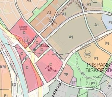 Aluetarkennukset: sininen katkoviiva ote yleiskaavasta ja punainen katkoviiva ote