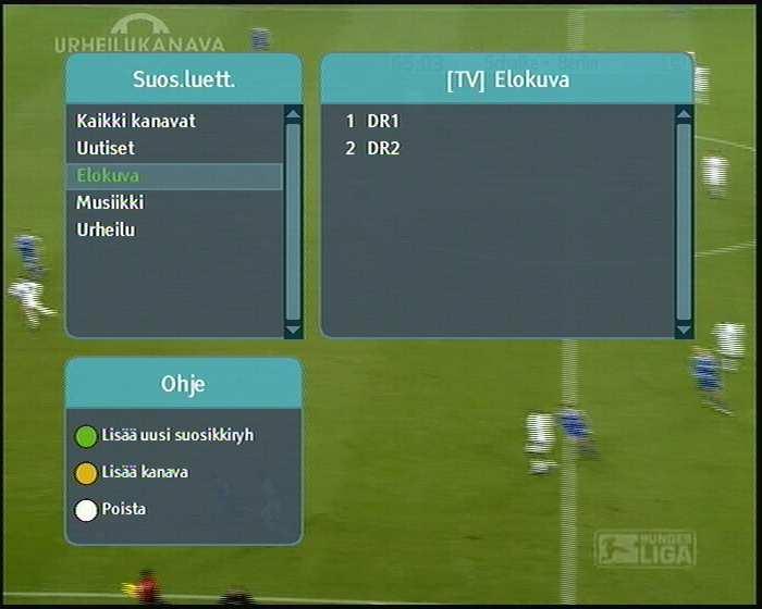 30 Päivittäinen käyttö 5.2.2 Suosikkikanavan katselu luettelo ilmestyy. Aseta ryhmäluettelon korostuspalkki halutun ryhmän kohdalle ja paina painiketta OK.