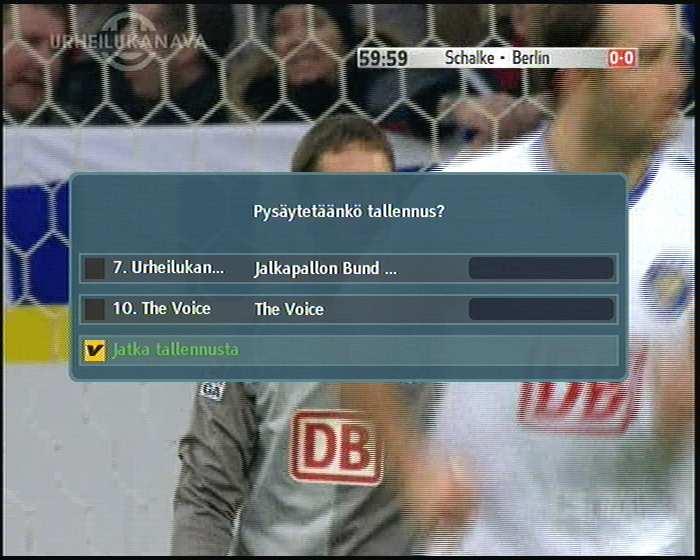 7.1 Ohjelman tallentaminen 43 nykyisen ohjelman loppuessa; samoin kun vaihtoehto Seuraavan ohjelman jälkeen on valittu, nykyinen tallennus lopetetaan heti seuraavan ohjelman loppuessa.