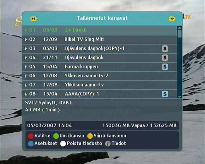 48 Tallennus ja toisto Näytä tallennusluettelo painamalla painiketta. Siirry toiseen luetteloon painamalla painiketta tai painiketta. 7.2.