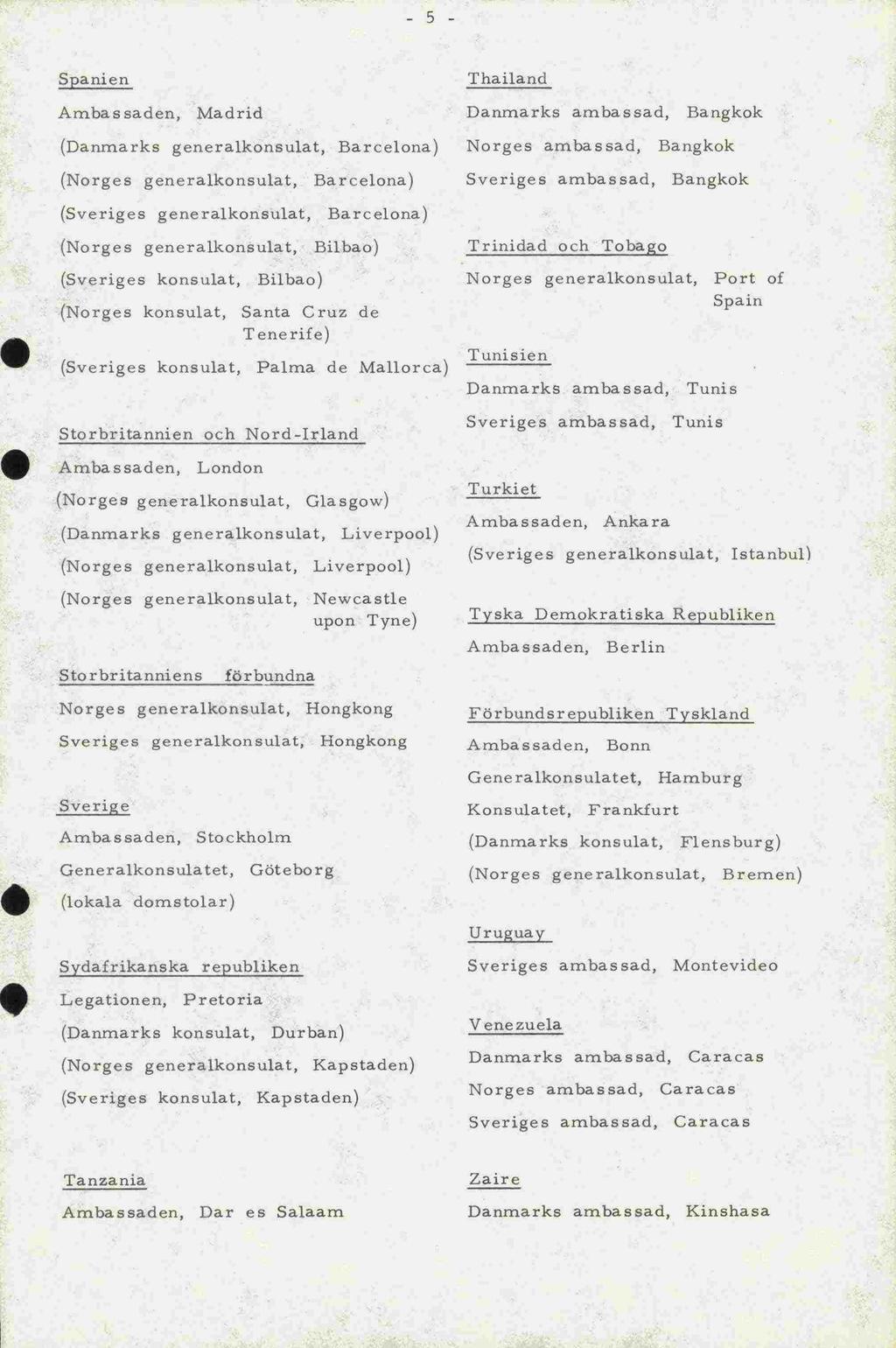 Konsulatet, -5- Spanien Ambassaden, Madrid (Danmarks generalkonsulat, Barcelona) Thailand Danmarks ambassad, Bangkok Bangkok Norges ambassad, Barcelona) Barcelona) (Sveriges generalkonsulat, Bangkok