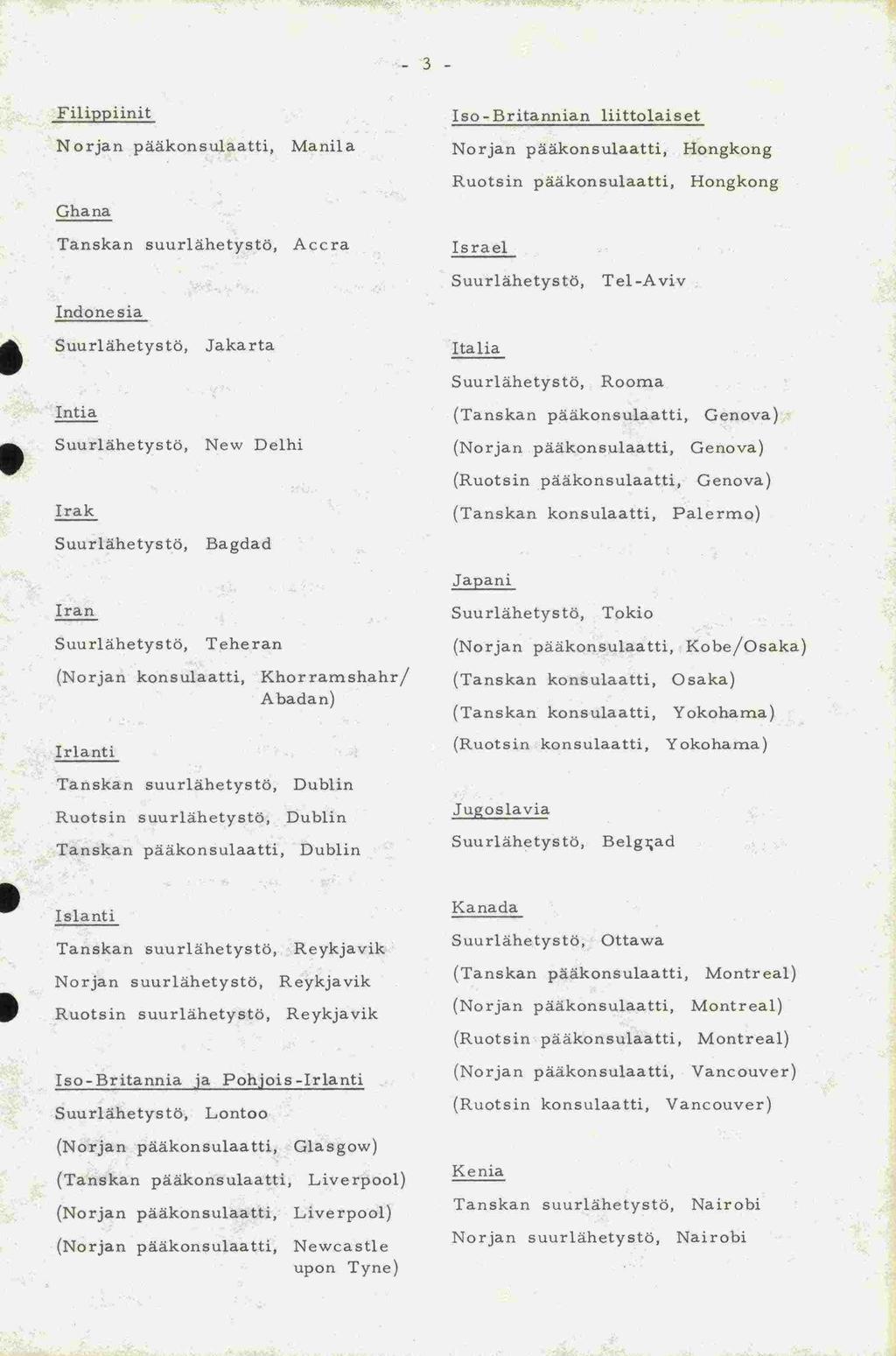 so-britannia -3- Filippiinit Norjan pääkonsulaatti, Manila Ghana Tanskan suurlähetystö, Accra so-britannian liittolaiset Norjan pääkonsulaatti, Hongkong srael Hongkong Ruotsin pääkonsulaatti, nd one