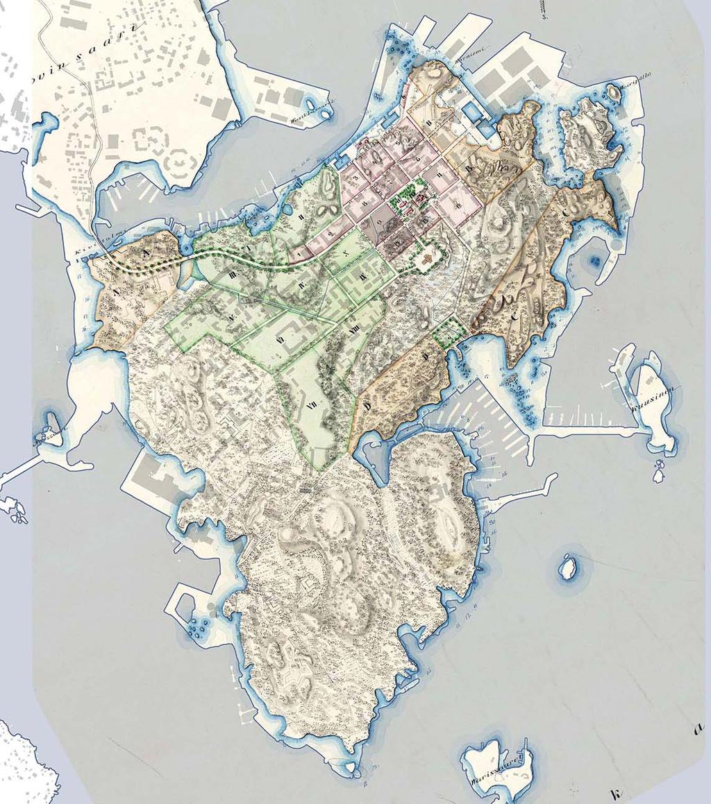 REUTERIN ASEMAKAAVASUUNNITELMA 1866-1867 Entisen linnoituksen alueelle Reuterin laatimassa suunnitelmassa vahvistuu C. Lindhin 1850 esittämä katuverkon suunta ja korttelirakenne.