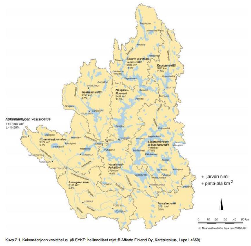 Kuva 2. Kokemäenjoen vesistöalue (VARELY 2015). Sekä vesistöalueen järvisyydellä että sen eri reittien maantieteellisellä sijainnilla on merkittävä vaikutus vesistöalueen hydrologiaan.
