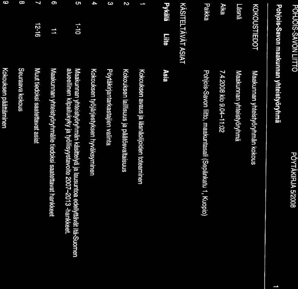 Pohjois-Savon maakunnan yhteistyöryhmä KOKOUSTIEDOT Läsnä Maakunnan yhteistyöryhmän kokous Maakunnan yhteistyöryhmä Aika 7.4.2008 klo 9.