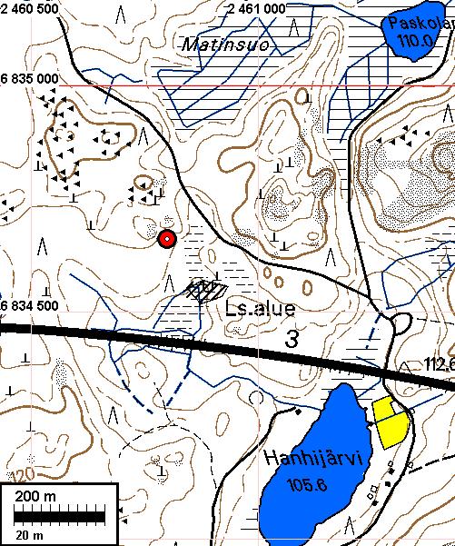 4 Hämeenkyrö 55 Mattila, röykkiöt Arja Karivieri 1985: (ei sanatarkasti referoitu) Etelään kallistuvalla moreenimäellä on 2 röykkiötä n 5 m etäisyydellä toisistaan. Röykkiöt ovat halkaisijaltaan n.