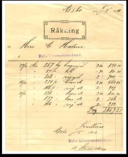 Vanhoista asiakirjoista voidaan myös lukea että 1917 ja 1918 oli vaikeita aikoja koska jauhotoimitukset hoidettiin silloin Espoon elintarvikelautakunnan kautta ja laskuista päätellen