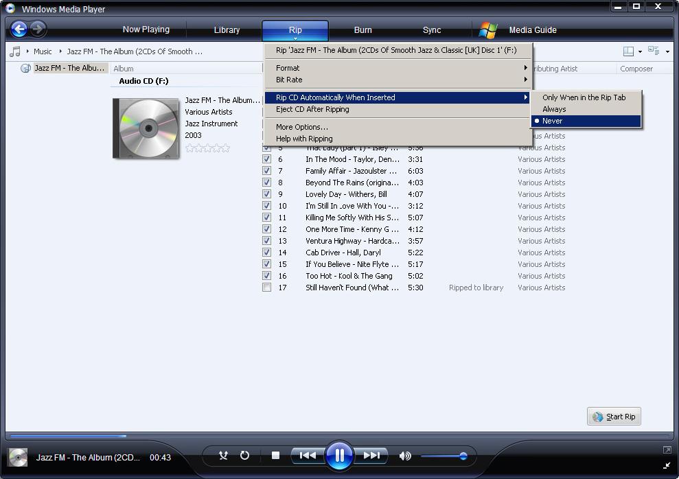 4 Aseta CD-äänilevy tietokoneesi levyasemaan. > Kaikki levyllä olevat kappaleet näkyvät listalla. Windows Media Player aloittaa automaattisesti kaikkien CD-levyllä olevien kappaleiden kopioimisen.