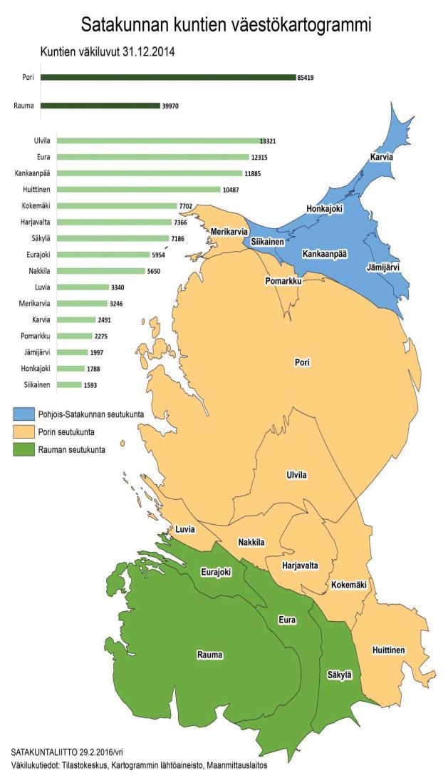 Satakunnan väestö kunnittain kartogrammina vuoden 2014 lopussa -- Satakunnassa asui yhteensä noin 224.