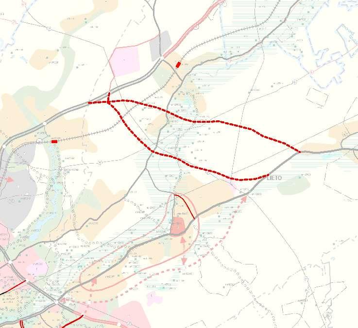 Turun seutu, valtatien 10 kääntö Kaavakartalla esitetty kaksi vaihtoehtoista ohjeellisen valtatien linjausta. Linjaus tarkentuu Liedon yleiskaavoituksessa.