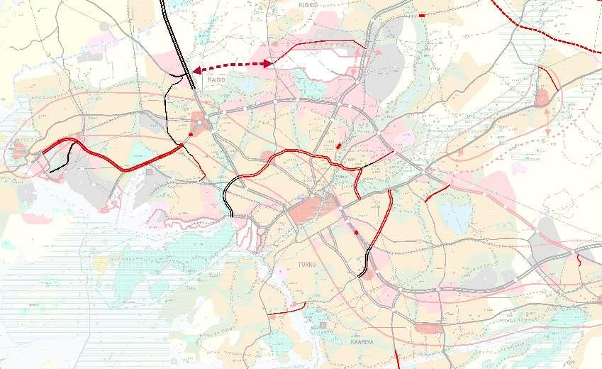 Turun seutu, E18 Kehätien kehittäminen Päivitetty kehätien merkinnät olemassa ja käynnissä olevien suunnitelmien mukaiseksi (nelikaistaistus, eritasoliittymät).
