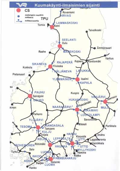 Kuva 1. Kuumakäynti-ilmaisimien sijainti 11.2.2002. Viiala sijaitsee Toijalan ja Kuljun välillä.