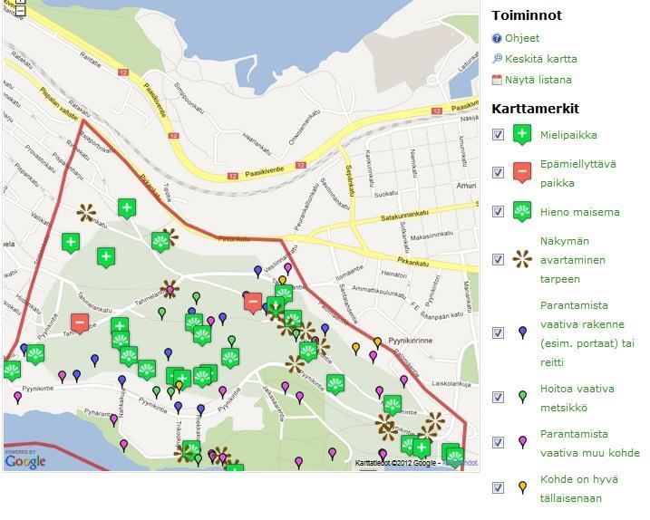 25 KUVA 1. Kuvakaappaus Pyynikin kyselystä Karttamerkin lisäksi vastaaja pystyi liittämään merkkiin kommentin. Vastaajan oli myös mahdollista liittää jo jonkun muun lisäämään karttamerkkiin kommentti.