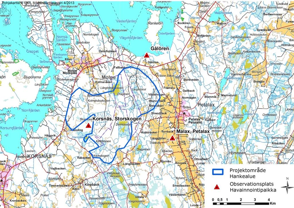 FCG SUUNNITTELU JA TEKNIIKKA OY Natura-arviointi 7 (62) 2013 maaliskuusta toukokuuhun noin 150 tuntia. Havainnointipaikat on esitetty kuvassa 2.1. Havaituista linnuista kirjattiin lentokorkeus, etäisyys, muuttosuunta sekä ohituspuoli suhteessa havainnointipaikkaan.