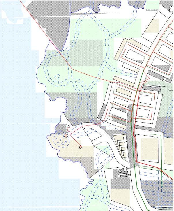 Sivu 10/11 Kuva 1. Hulevesilinja on vihreä ja jätevesilinja on punainen jätevesiverkostot Rannan läheisyydestä kulkee jätevesiputki Vainonniemenhuvilalle.