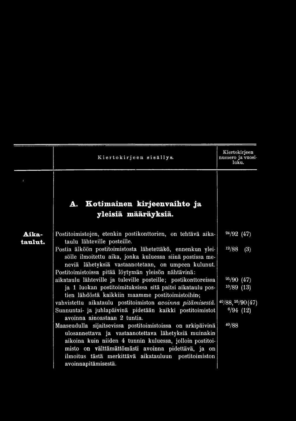 aikataulu postien 10/89 (13) lähdöstä kaikkiin maamme postitoimistoihins vahvistettu aikataulu postitoimiston avoinna pitämisestä.