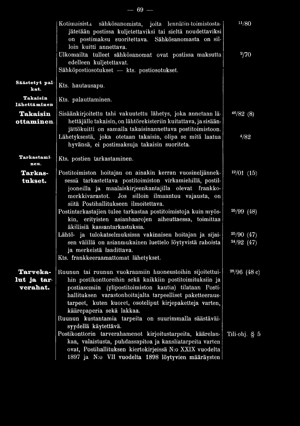 Lähetyksestä, joka otetaan takaisin, olipa se mitä laatua hyvänsä, ei postimaksuja takaisin suoriteta. Kts. postien tarkastaminen.