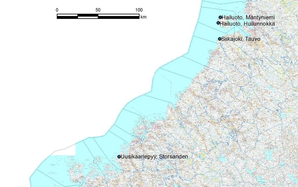 Kuva 1. Selvitysalueiden sijainnit. MENETELMÄT TULOKSET Metsähallituksen Pohjanmaan luontopalvelut asensi vuonna 2014 kohteille kuoppapyydyksiä, jotka olivat maastossa toukokuusta syyskuuhun.