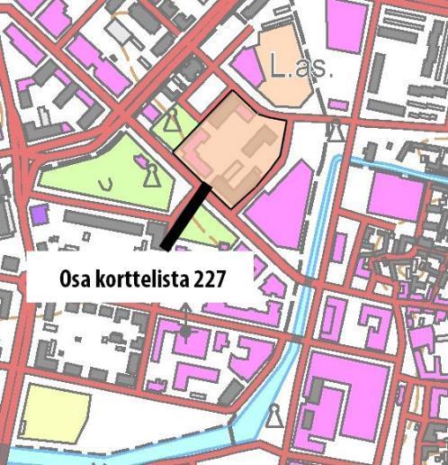 Rakennukset on sijoitettu alueelle väljästi mutta tehokkaasti. Vastaavantyyppinen alue Rauman liikekeskustassa on kortteli 225.