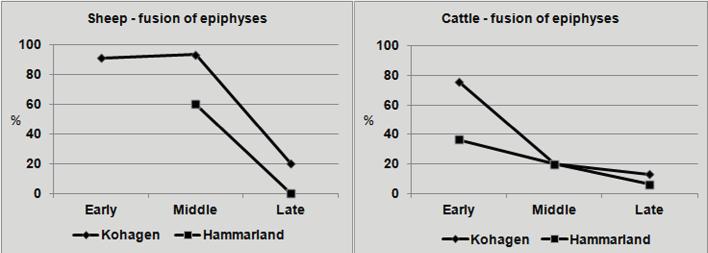 Jan Storå et al. Figure 5. The level of fusion of long bones in three age groups according to Vretemark 1997. The sheep exhibit a higher level of fusion than cattle.