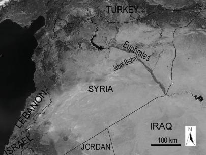 Kuva 1. Suomalaisen SYGIS-hankkeen kohteena ollut Jebel Bishrin vuori Syyriassa. Kartoitus satelliittikuvalle: M. Lönnqvist 2010.