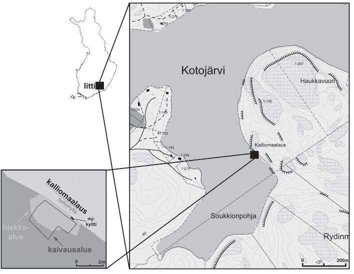 Antti Lahelma Haukkavuoren löydöt Haukkavuoren kalliomaalaus (Kuva 2) sijaitsee Kymenlaaksossa, pienen Kotojärven eteläpäässä kohoavassa komeassa kalliossa, johon on kuvattu kaksi hirveä, huonosti
