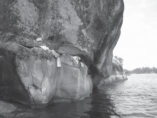 Kuva 9. Vaateuhreja kallionkoloissa ja kielekkeillä Devil s Holen kalliomaalauksella (Ontario, Kanada). Kuvan on ottanut kanadalainen arkeologi Dagmara Zawadzka 7.5.2006.