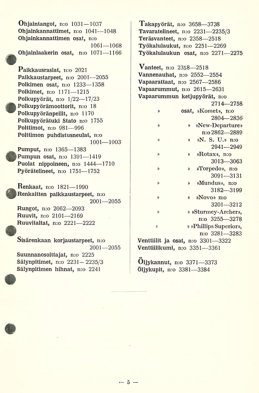 I I Polkupyörämoottorit, Ohjaintangot, n:o 1031 1037 Ohjainkarmattimet, n:o 1041 1048 Ohjainkannattimen osat, n:o 1061 1068 Ohjainlaakerin osat, n:o 1071 1166 Paikkausrasiat, nro 2021
