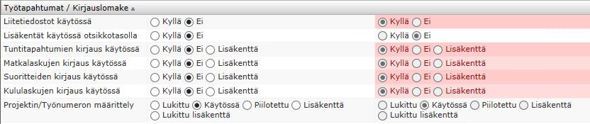 Punainen väri katoaa, kun asetukset vastaavat toisiaan. Vasemmassa sarakkeessa keltainen väri kertoo mitä asetuksien arvoja on muutettu.