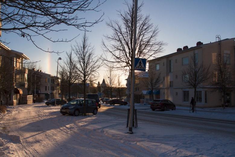 Sama haloilmiö kuvattuna hautausmaan poluilta 5.1.2017 klo 11.00. Aurinko puun takana.