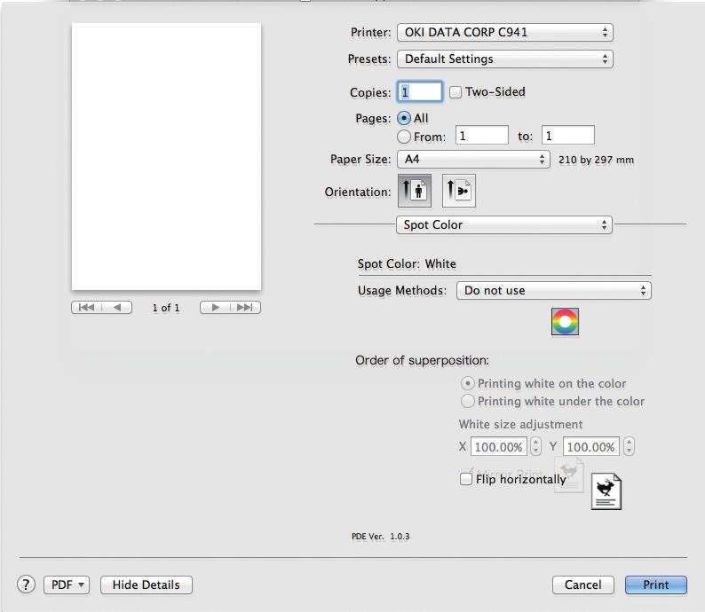 Tulostinajurien toimintojen taulukko Mac OS X PS-tulostinajurien käyttö Valitse [Spottiväri (Spot Color)] -paneeli tuodaksesi esiin ruudun spottiväriaineen asettamiseksi.