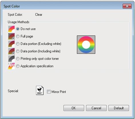 Tulostinajurien toimintojen taulukko Kirkas väriaine kiinnitettynä (vain C941/ES9541/Pro9541) Windows PS-tulostinajurien käyttö Napsauta [Spottiväri (Spot Color)] kohdassa [Väri] -välilehti