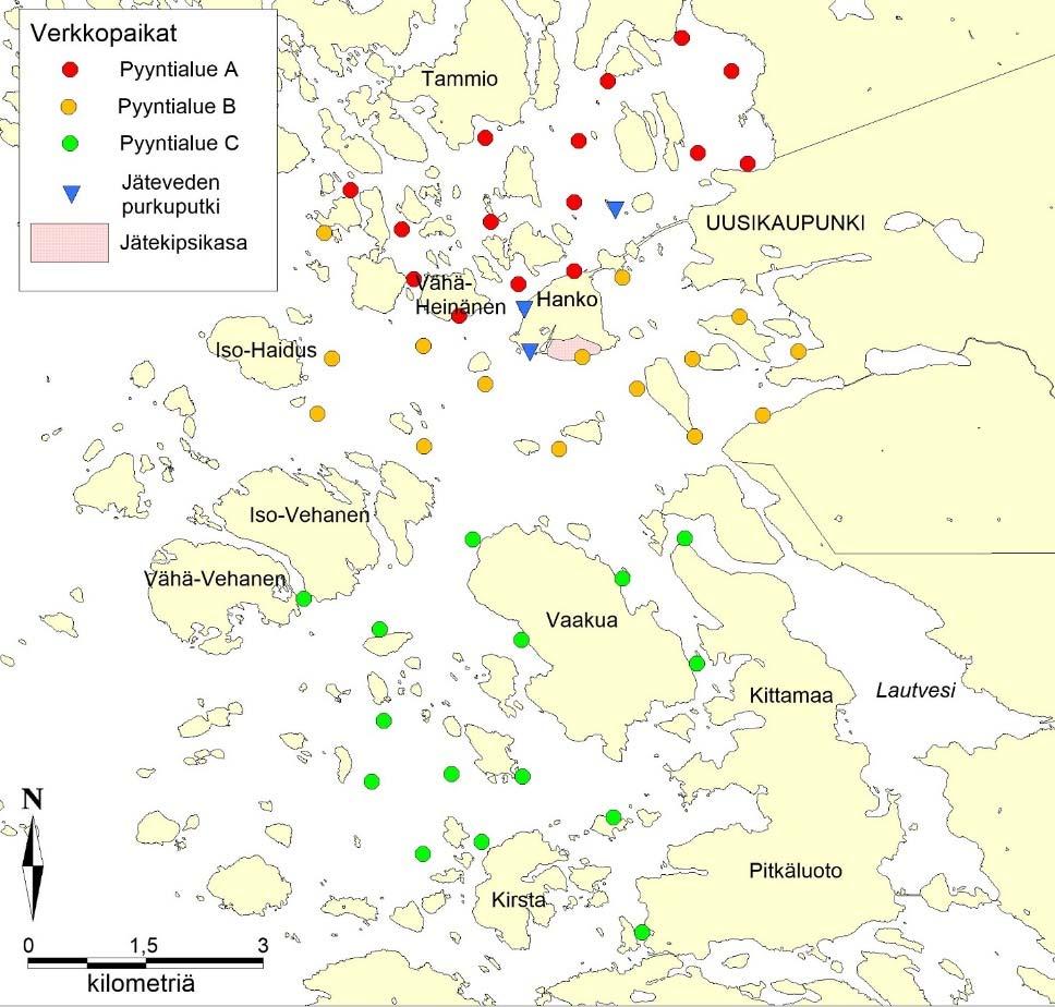 Verkkoöiden lukumäärä kullakin pyyntialueella oli 15, eli kaikkiaan pyyntiponnistus oli 45 verkkoyötä / vuosi.