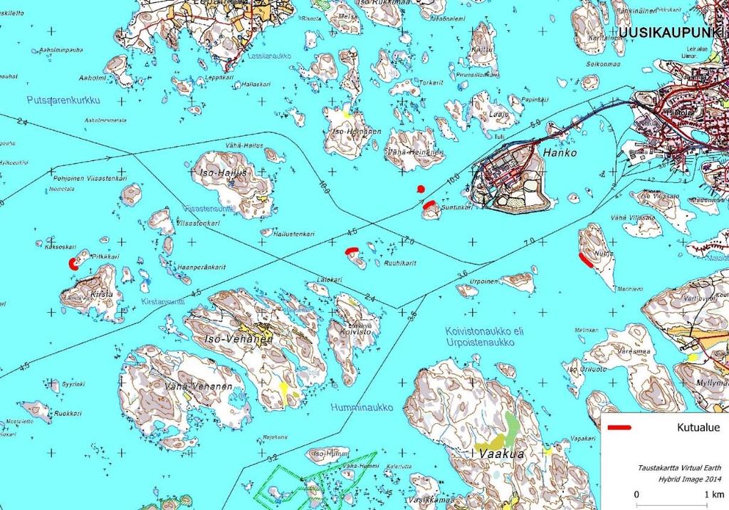 Kuva 11. Uudenkaupungin edustalla tutkitut silakan kutualueet (Syväranta & Leinikki 2014). Vuonna 2013 silakan kutua havaittiin kaikilla tutkituilla kutualueilla.