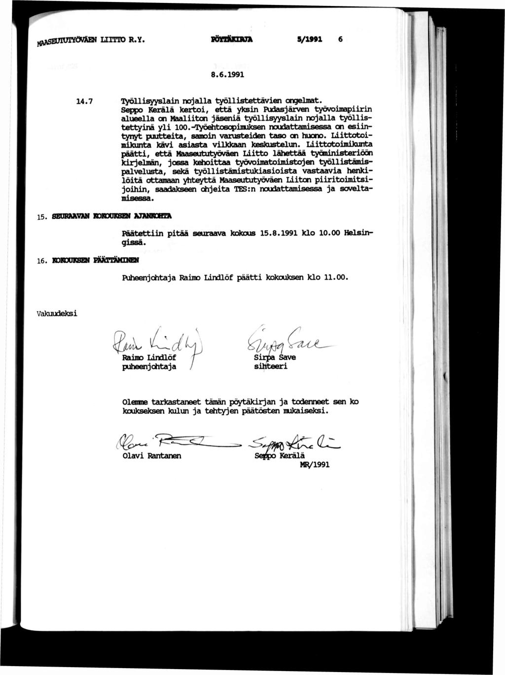 LETD R.Y vönkxzja s/1991 8.6.1991 14.7 oyölllsyybledn nojzdla työllstettäven Gnc^elnat.