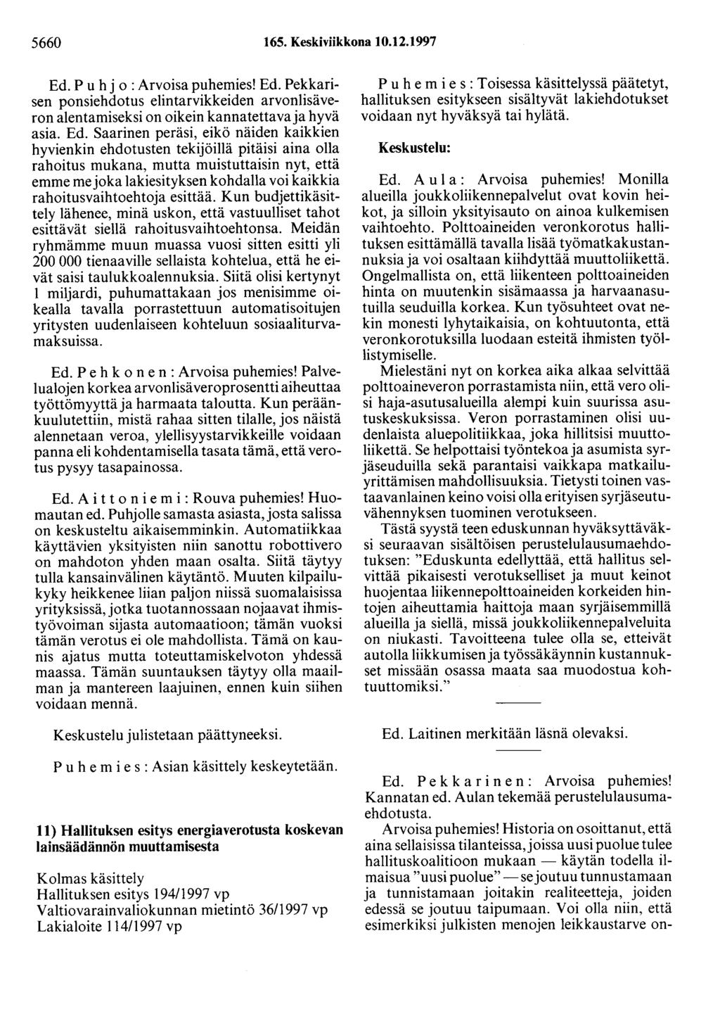 5660 165. Keskiviikkona 10.12.1997 Ed.