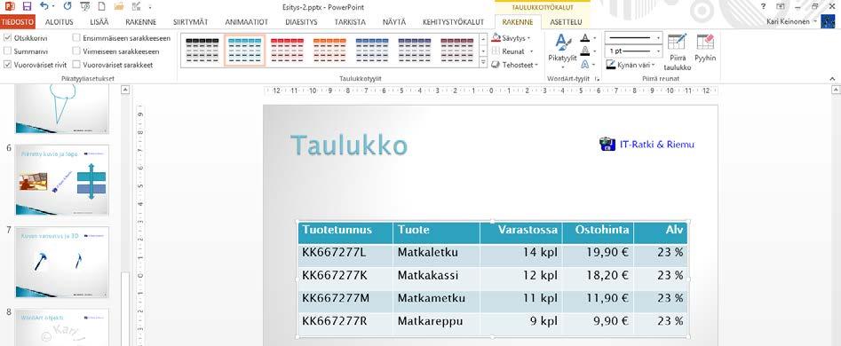 Taulukon muokkaaminen Kun taulukko syntyy, ilmestyy valintanauhaan Taulukkotyökalut (Table Tools) ryhmä ja sinne kaksi välilehteä; Rakenne (Design) ja Asettelu (Layout).