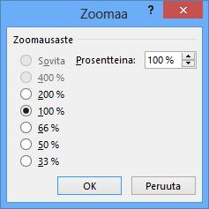 Valittavissa olevat zoomausasteet Kuva 205 Zoomaa (Zoom) - valintaikkuna Valitse valintaikkunasta sopiva Zoomausaste (Zoom to) ja hyväksy valinta OK-painikkeella.