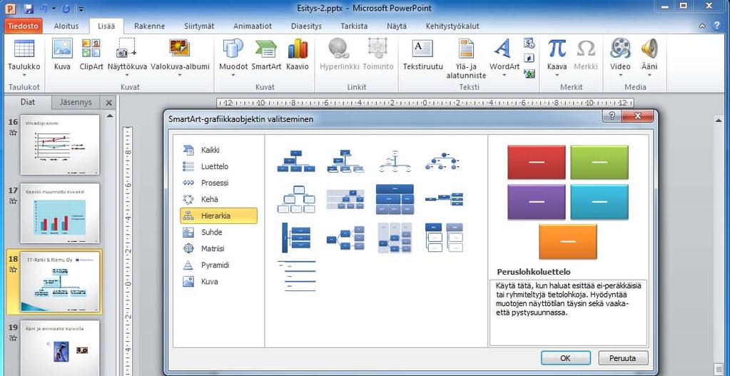 SmartArt-kuvien tuottaminen PowerPoint 2010 tuo mukanaan SmartArt-työkalun. Työkalulla luodaan prosessi-, organisaatio- ja matriisikaavioita.