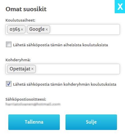 2.1 Omat suosikit Jokainen henkilö voi määrittää profiilissaan koulutusten aiheita, jotka ovat mielenkiintoisia. Lisäksi profiiliin voi määrittää oman kohderyhmän.