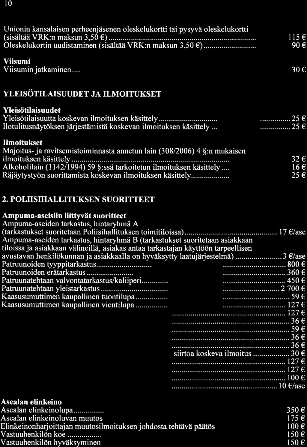 l Unionin kansalaisen perheenjäsenen oleskelukortti tai pysyvä oleskelukortti (sisältåiä VRK:n maksun 3,5 ) Oleskelukortin uudistaminen (sisältää VRK:n maksun 3,5 )... Viisumi Viisumin jatkaminen.