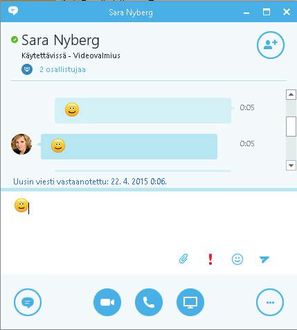 Äänen lisääminen pikaviestikeskusteluun Sirkka Salpa Asiakaspäällikkö Käytettävissä Videovalmius Napsauta keskusteluikkunassa Puhelin-painiketta.