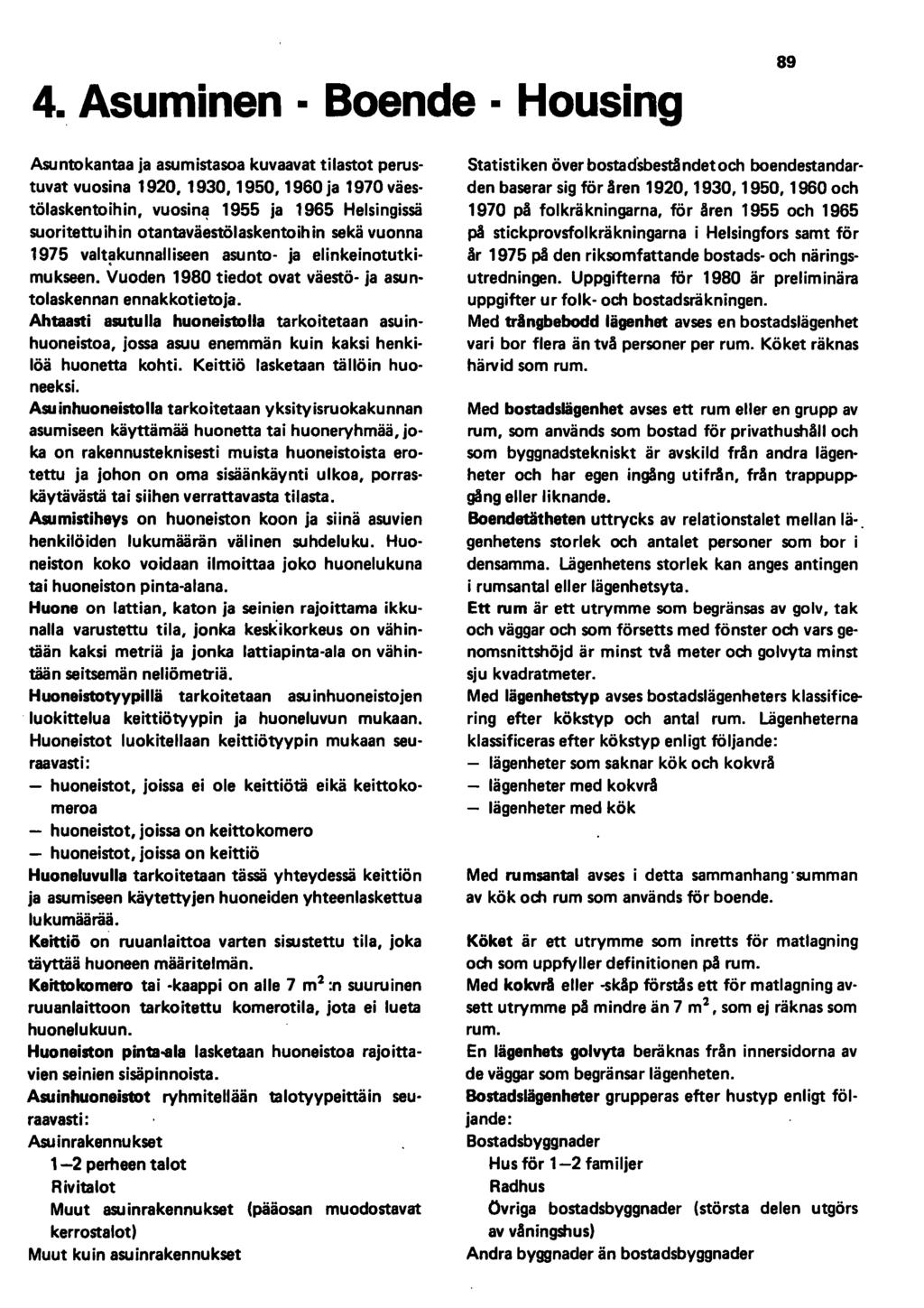 4. Asuminen Boende Housing 89 Asuntokantaa ja asumistasoa kuvaavat tilastot perustuvat vuosina 1920,1930,1950,1960 ja 1970 väestölaskentoihin, vuosin~ 1955 ja 1965 Helsingissä suoritettuihin