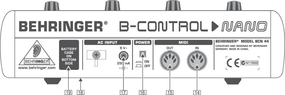 Kuva 2 3: Takapuolen liitännät ja säätimet Nämä ovat B-CONTROLin MIDI-liitännät MIDI IN-liittimieen tulee BCN44:n parametridata MIDI OUT -liittimestä voi lähettää dataa kaikkiin ohjattaviin