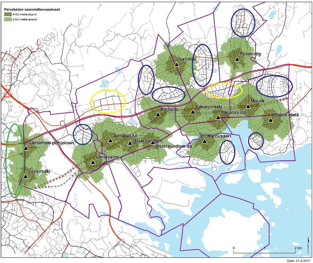 Vuoden 2060 skenaarion mukaisen palveluverkon saavutettavuusalueet 400 ja 800 metrin etäisyyksillä ja niiden puutekohdat (sininen ympyrä) ja edut (vihreä ympyrä) pohjoisen metron vaihtoehdossa Vuoden