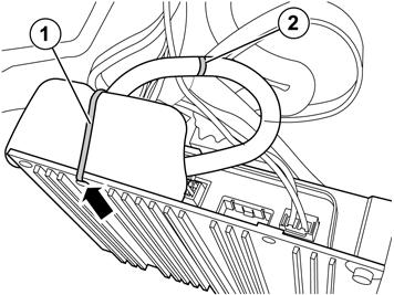 75 Kiinnitä rele vahvistimeen isolla nippusiteellä (1) toiseen reikään alhaalta päin. Kiinnitä releestä tuleva johtosarja auton normaaliin johtosarjaan pienellä nippusiteellä (2).