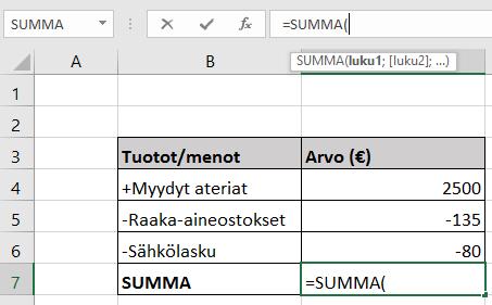 Excel esimerkki - Lasketaan summa: 1. valitaan solu C7 2.